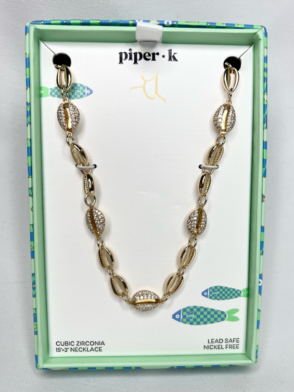 Piper•k Gold Cowrie Shell Link Necklace with Cubic zirconia Crystal Accents